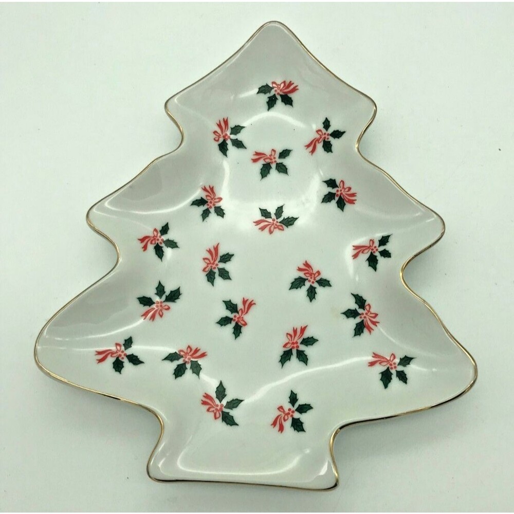 Vintage Lefton China Hand Painted Holly Berry Christmas Tree Candy Dish #2387